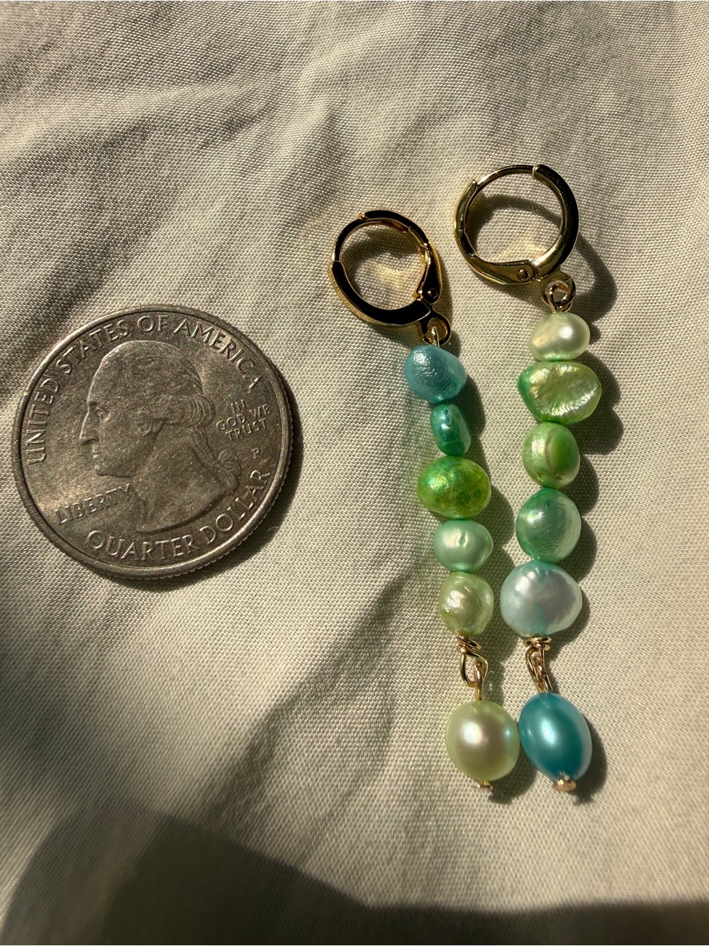 Handmade Gold Hoop Earrings with Green and Aqua Freshwater Pearls